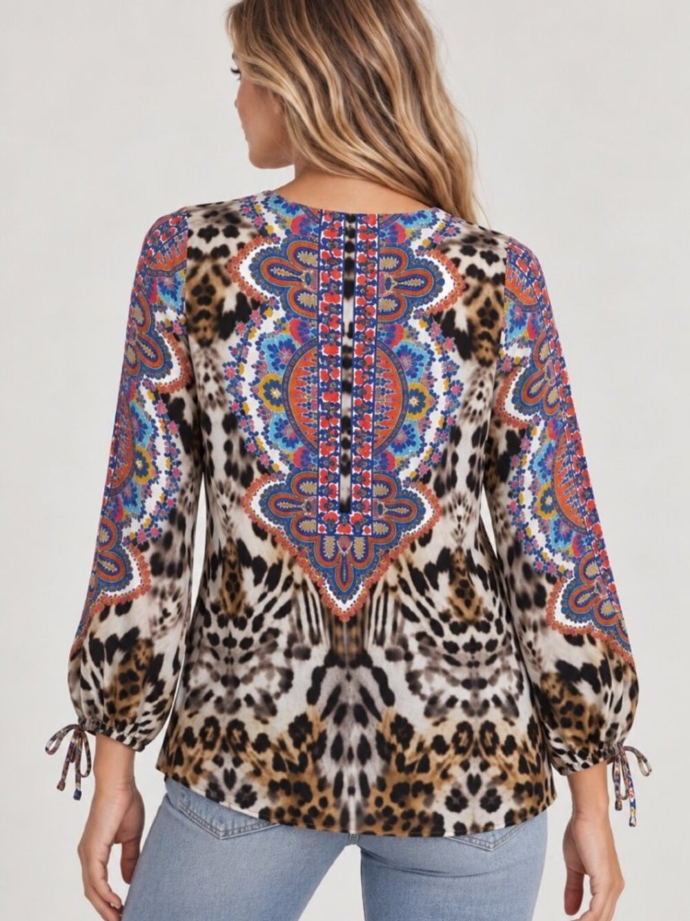 Hale Bob Leopard Rhinestone Embellished Tunic Blouse M Medium Medallion Tie Neck